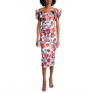 NEW REBECCA VALLANCE fleurette midi dress in red poppy fields print
